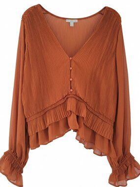 Romantic Pleated Chiffon Bishop Sleeve Crop Blouse Terracotta Ruffle Ryegrass 16